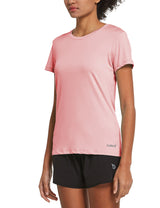 Women's light pink short-sleeve quick-dry crewneck running shirt with baleaf logo.
