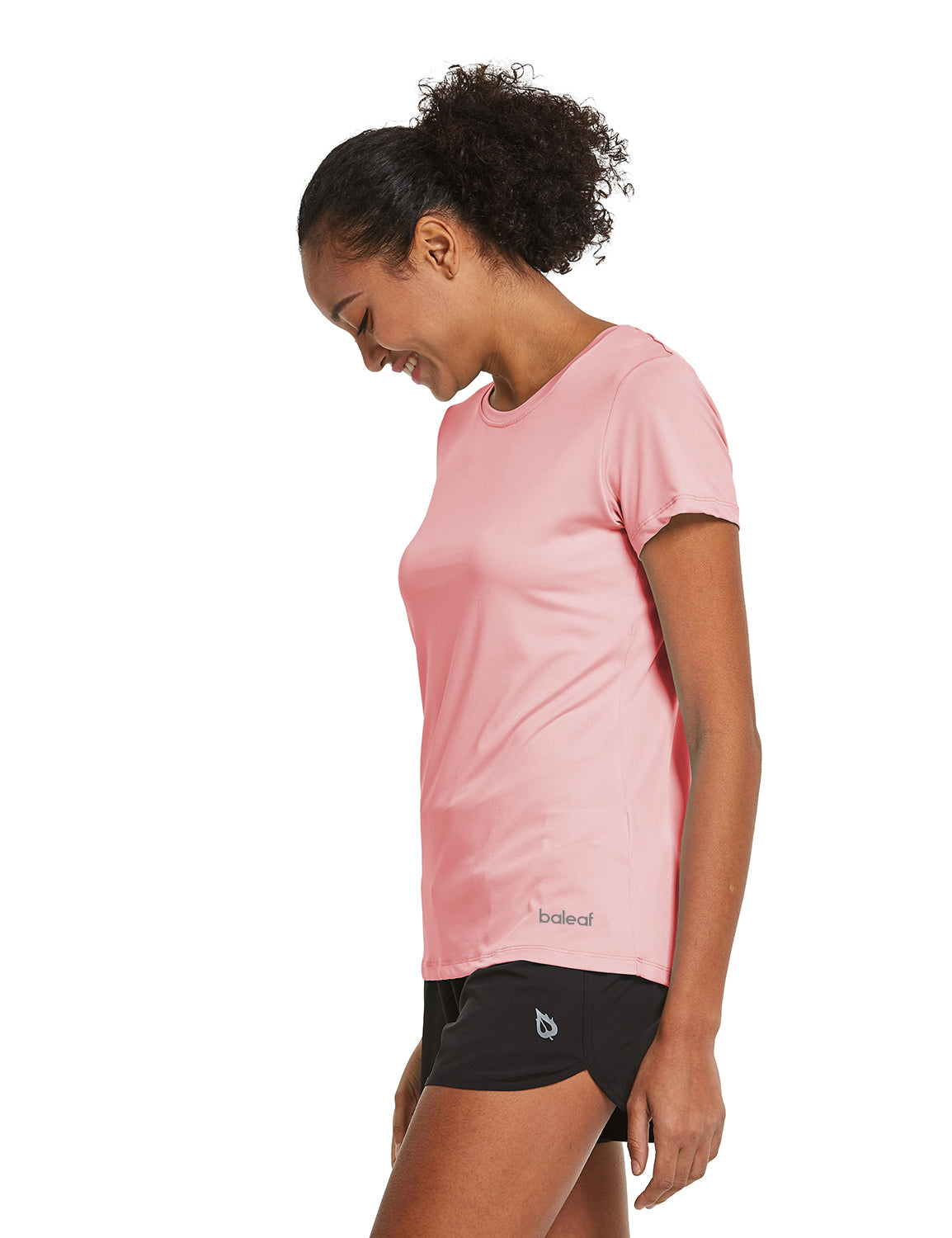 Women's pink short-sleeve Baleaf running shirt and black athletic shorts #color_Pink