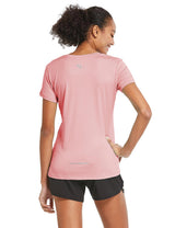 Women's pink quick-dry short-sleeve crewneck running shirt, back view with reflective details. #color_Pink