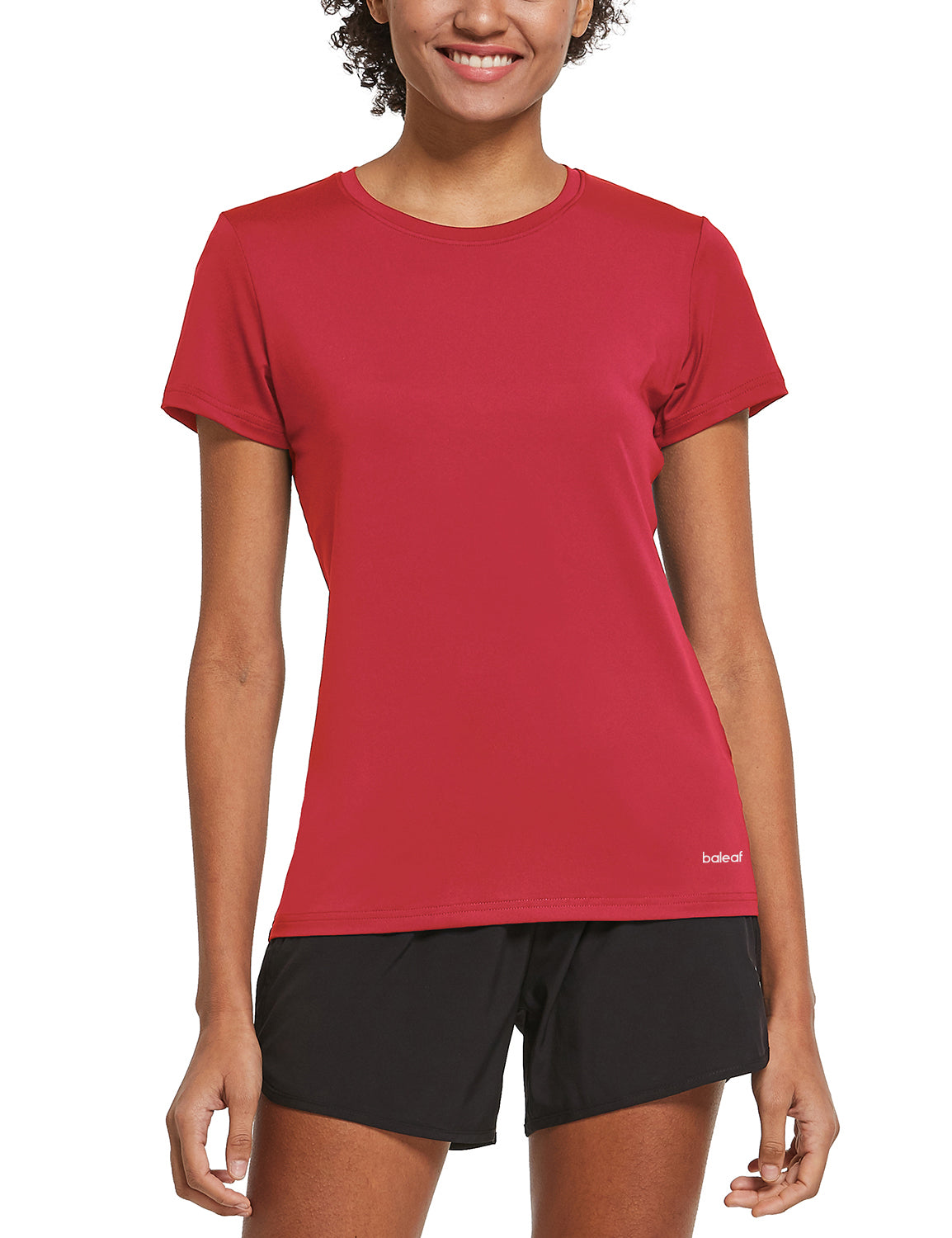 Women's red quick-dry crewneck running shirt featuring short sleeves and Baleaf logo. #color_Red