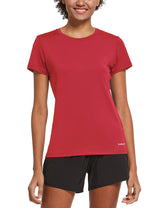 Women's red quick-dry crewneck running shirt featuring short sleeves and Baleaf logo. #color_Red
