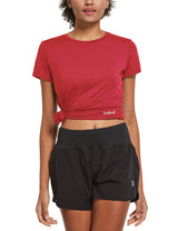 Red Baleaf women's quick-dry crewneck running shirt, tied at hip, short sleeves. #color_Red