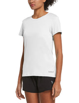 Woman in white baleaf short-sleeve running shirt and black shorts, part of the Everyday Active Set.