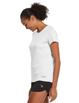 Petite woman in white baleaf quick-dry crewneck shirt and black shorts #color_White