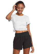 White quick-dry athletic t-shirt and black shorts for petite women's outdoor adventure. #color_White