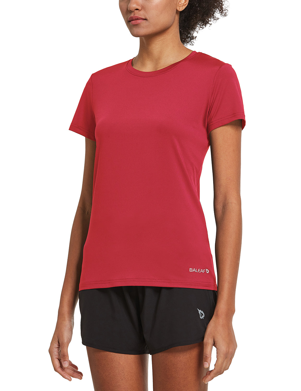 Woman wearing a red BALEAF short-sleeve quick-dry crewneck running shirt and black shorts. #color_Red