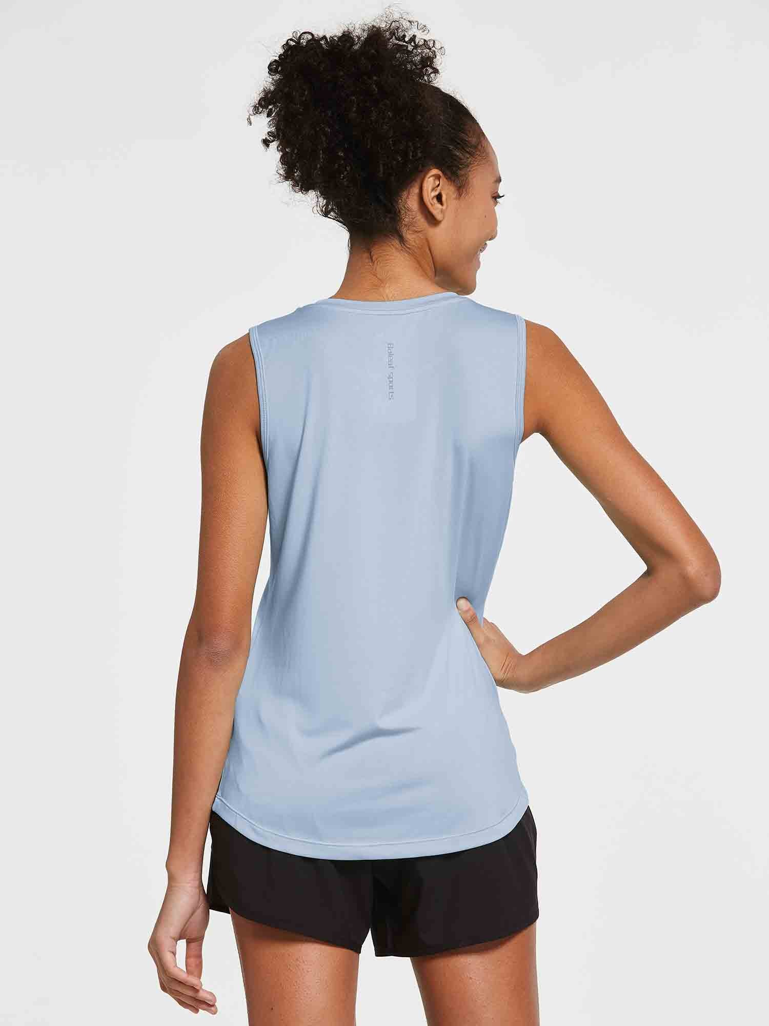 Light blue women's loose fit sleeveless workout tank top by Bakeit Sports, back view. #color_Kentucky Blue