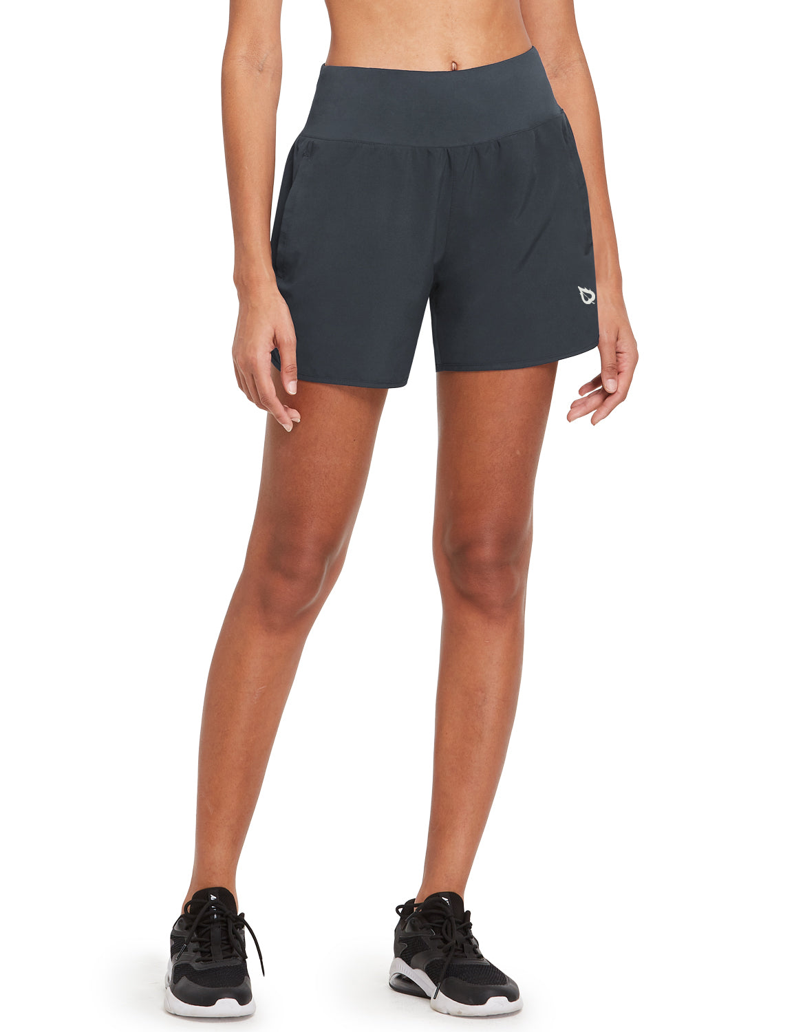 Dark grey 5" quick-dry running shorts with A-line fit, high-rise waist, and subtle white logo. #color_Dark Gray
