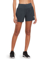 Dark grey 5" quick-dry running shorts with A-line fit, high-rise waist, and subtle white logo. #color_Dark Gray