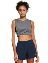 Navy blue 5-inch quick-dry running shorts with high-rise waist and side logo #color_Navy Blue