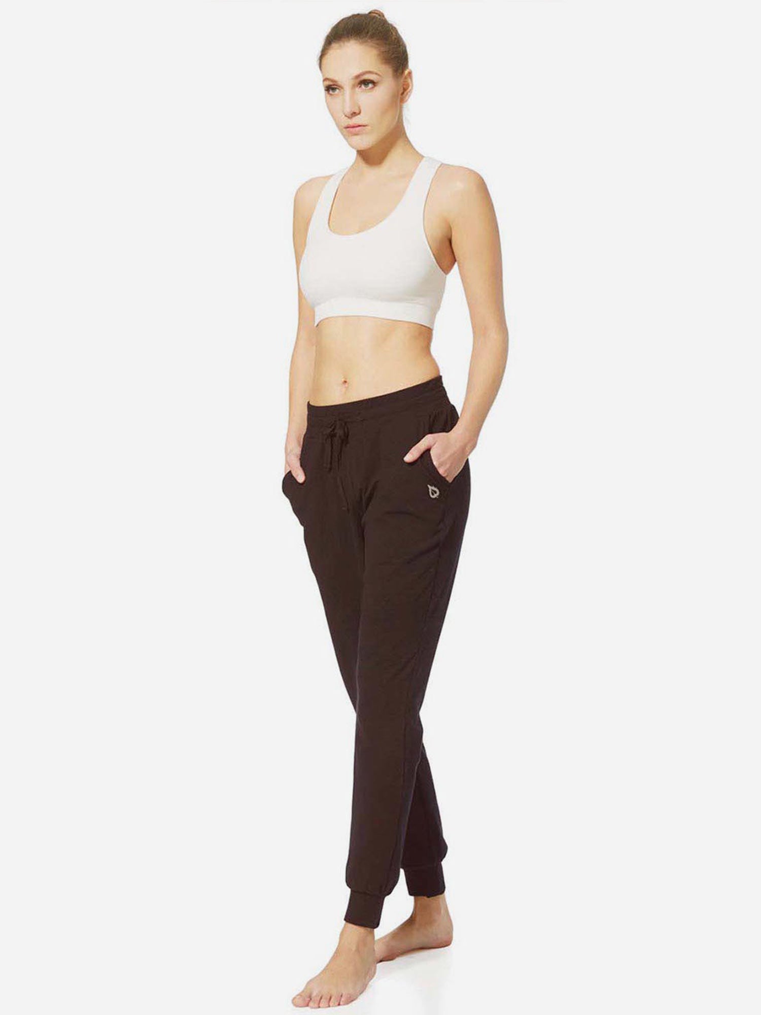 Women's dark tapered sweatpants, cotton blend fabric with pockets. #color_Dark Brown