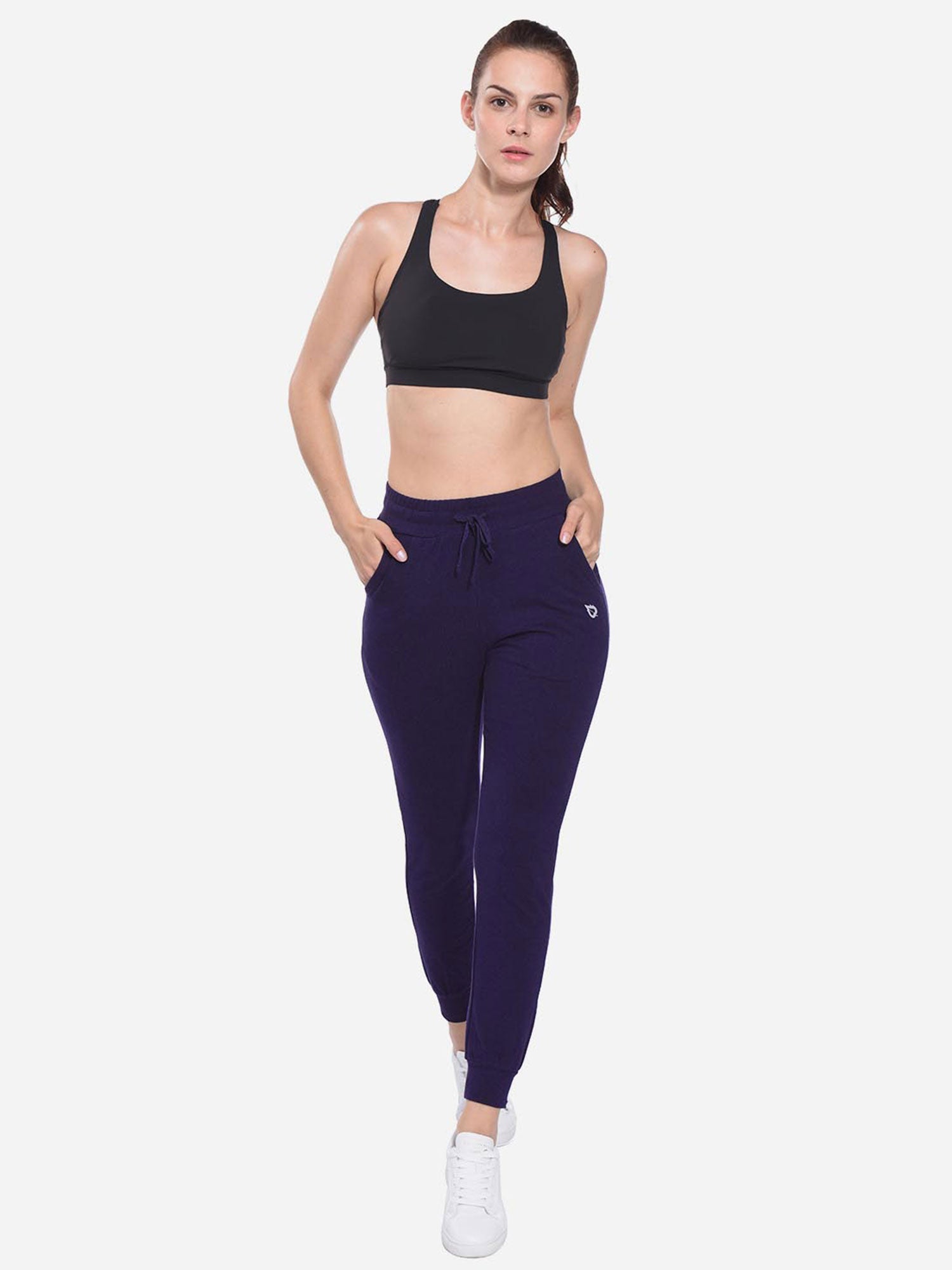 Women's navy cotton tapered sweatpants with drawstring and front pockets