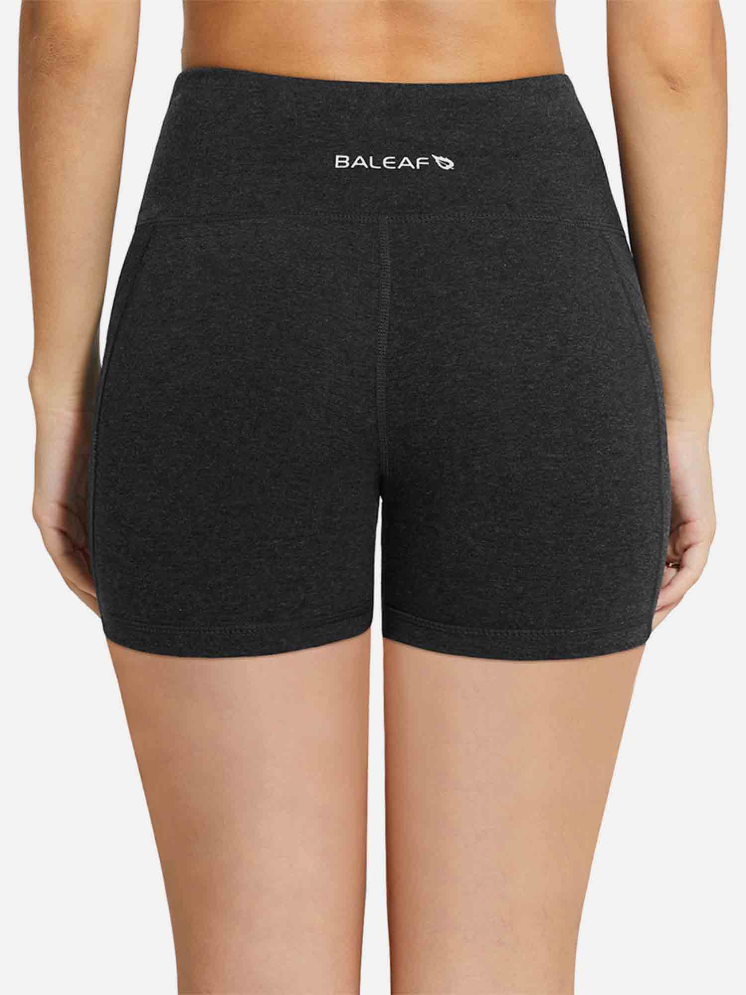 Women's BALEAF dark grey 5-inch high-waisted compression biker shorts, back view. #color_Dark Gray