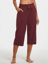 Women's burgundy wide-leg cotton capri pants with pockets and drawstring waist #color_Wine Red