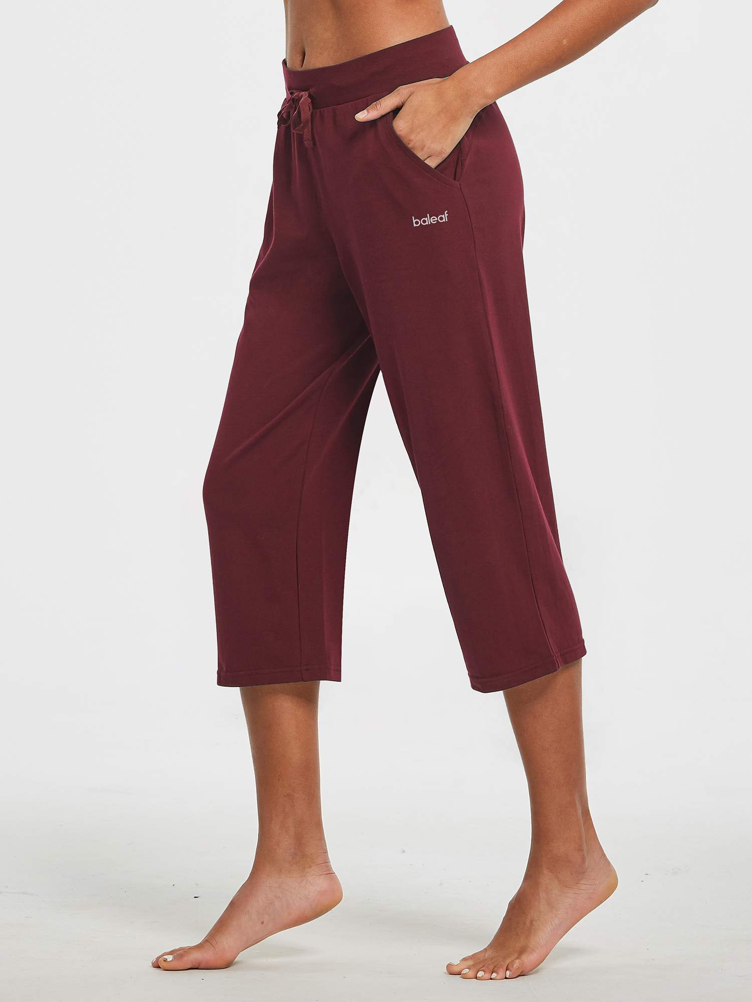 Women's wine red lightweight wide-leg cotton capri pants with drawstring waist and pockets. #color_Wine Red