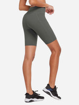 Women's grey 8-inch high-waisted compression biker shorts with side pockets
