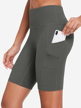 Women's grey high-waisted compression biker shorts with phone in side pocket. #color_Dark Gray