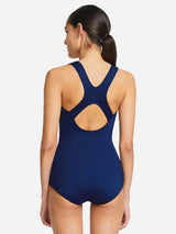Navy blue women's athletic one-piece swimsuit with racerback and back cut-out. #color_Navy Blue