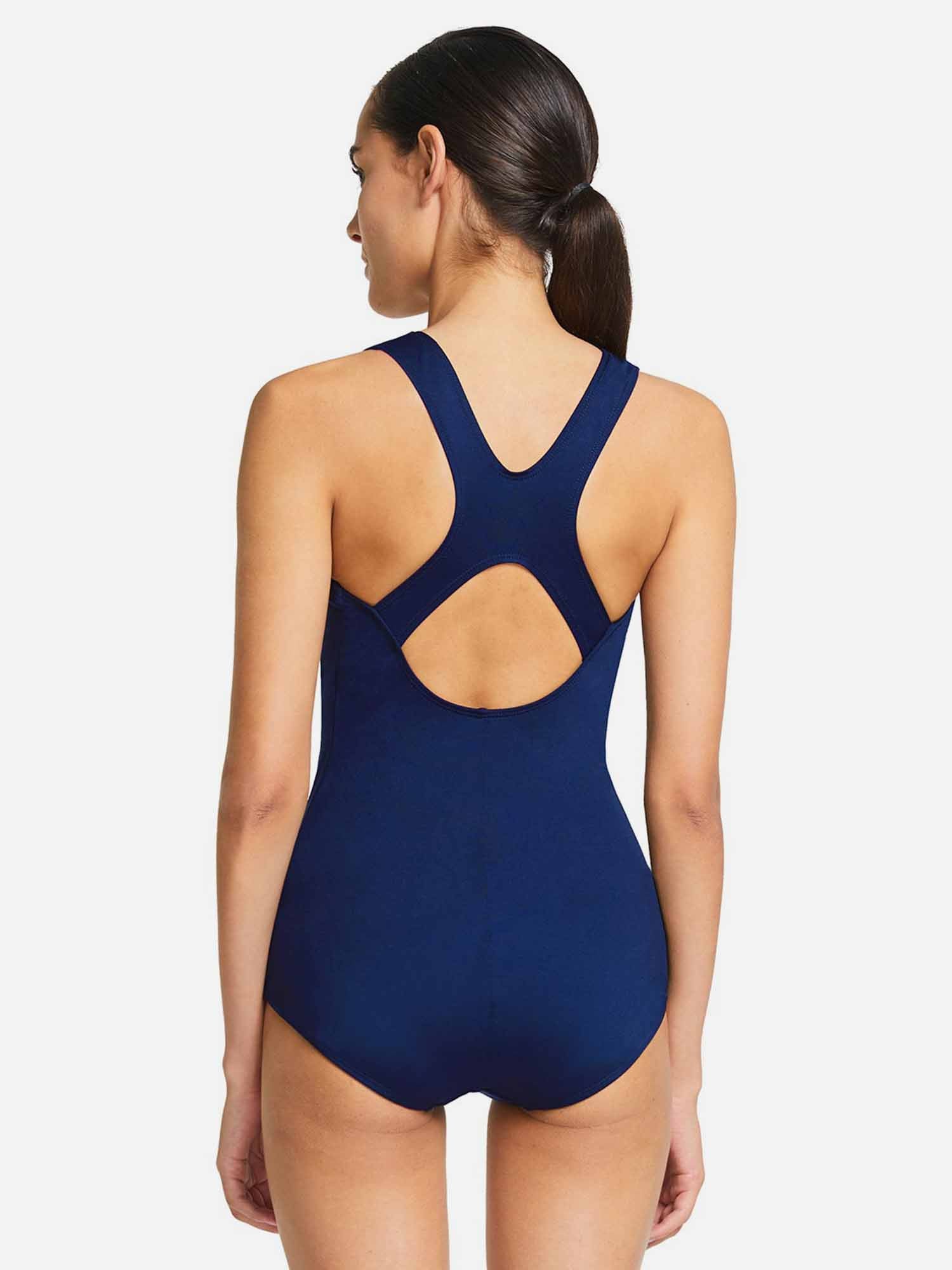 Navy blue women's athletic one-piece swimsuit with racerback straps and cutout back. #color_Navy Blue