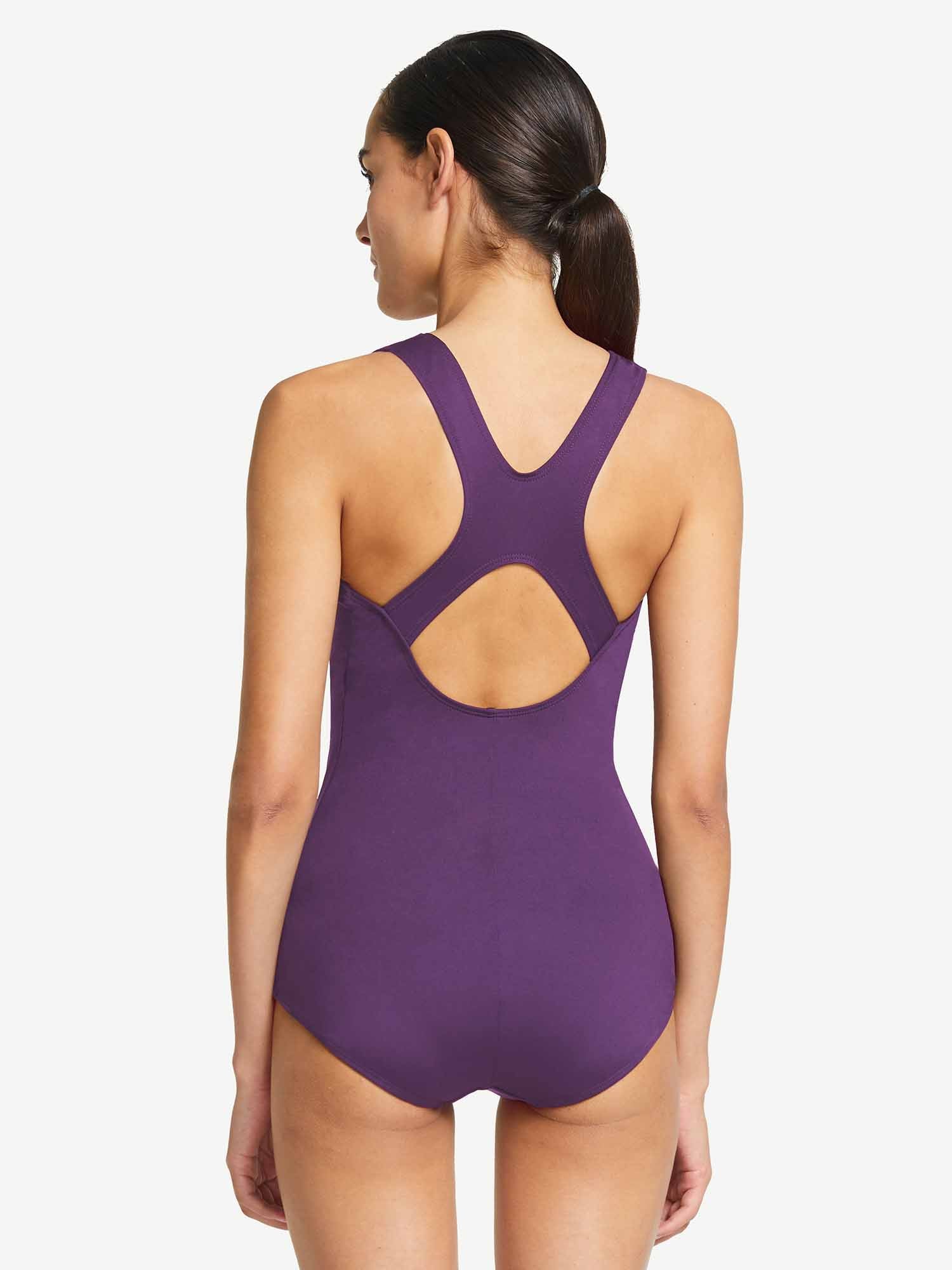 Purple women's athletic one-piece swimsuit with racerback and back detail. #color_Purple