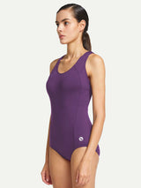 Women's purple athletic racerback one-piece swimsuit with logo #color_Purple