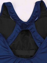 Navy athletic women's one-piece swimsuit with racerback straps and black lining, back detail. #color_Navy Blue