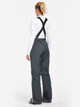 Woman in dark grey waterproof ski bib pants with adjustable straps, rear view.