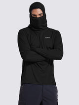Men's black UPF 50+ sun protection hoodie with built-in neck gaiter mask and baleaf logo. #color_Black
