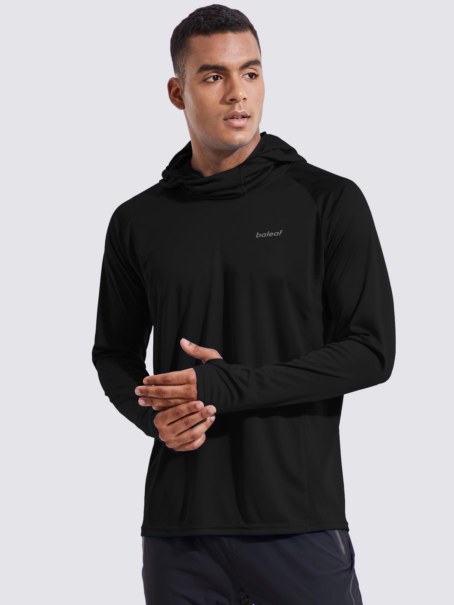 Baleaf men's black UPF 50+ sun protection hoodie with built-in mask. #color_Black