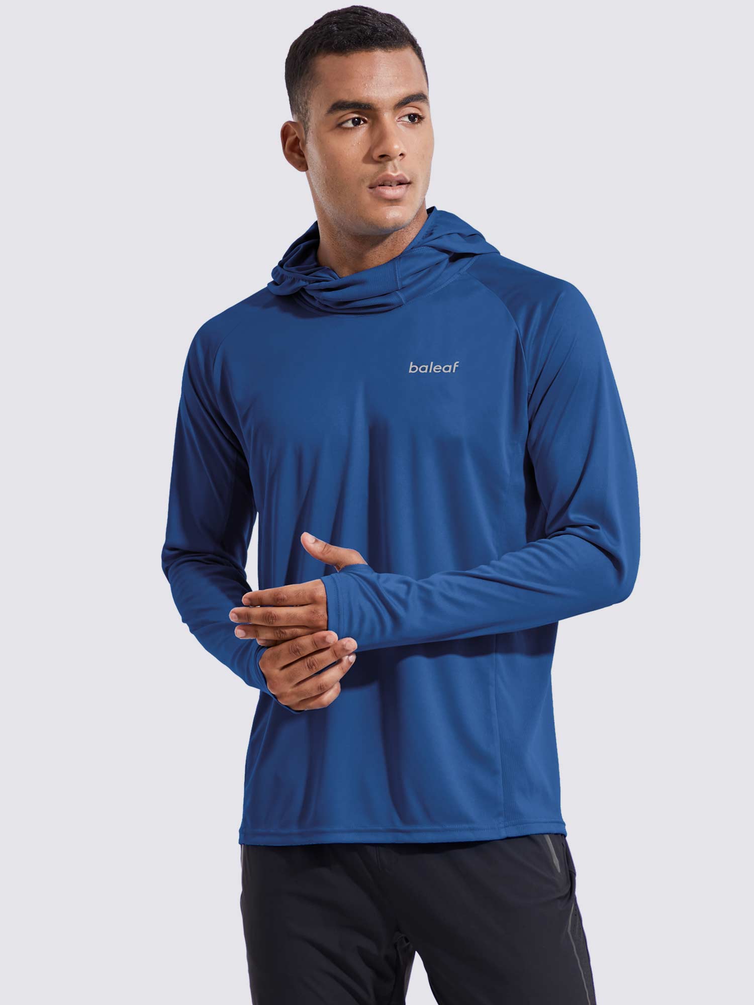 Men's blue UPF 50+ sun protection hoodie with built-in mask & thumbholes by Baleaf. #color_Navy Blue