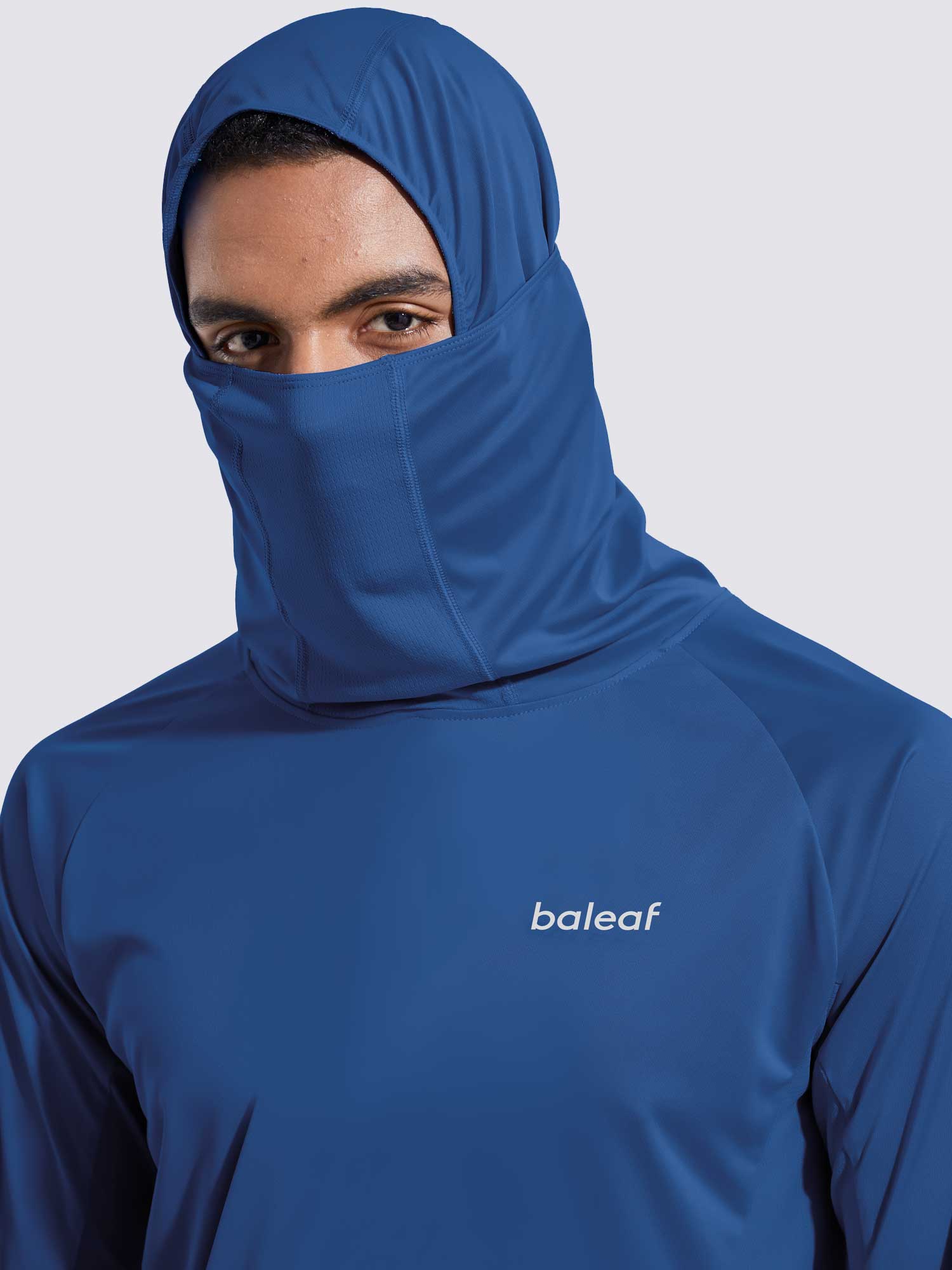 Men's blue UPF 50+ sun protection hoodie with built-in mask and baleaf logo. #color_Navy Blue