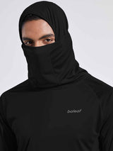 Men's black UPF 50+ sun protection hoodie with built-in mask and Baleaf logo. #color_Black