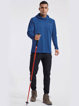 Men's blue BALEAF UPF 50+ sun hoodie with built-in mask, holding red trekking pole. #color_Navy Blue