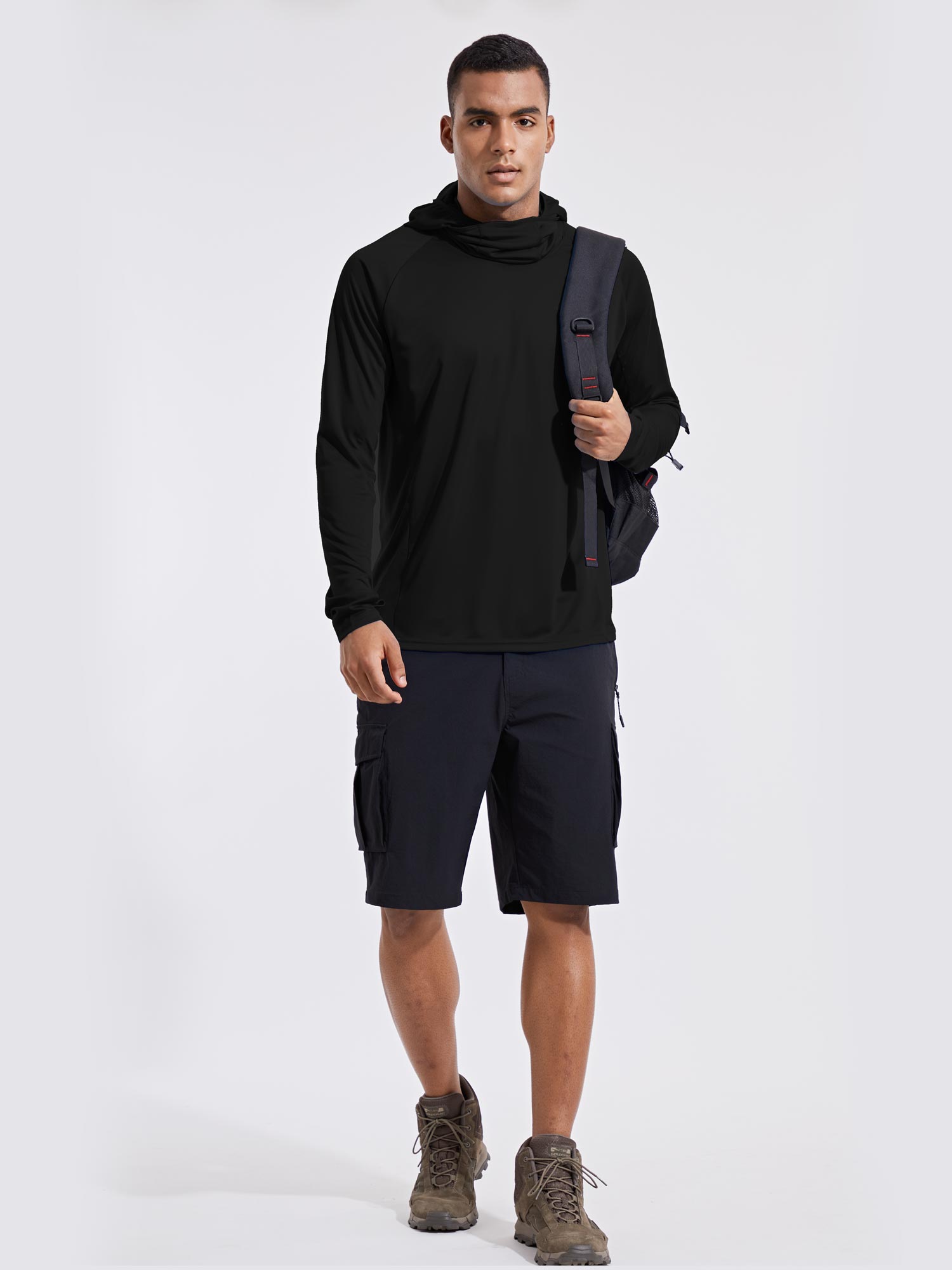 Men's black UPF 50+ sun protection hoodie with built-in mask and thumbholes. #color_Black