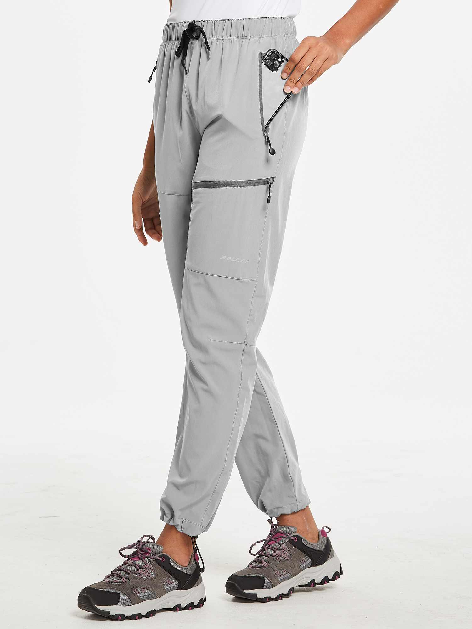 Laureate grey UPF50+ DWR hiking pants for outdoor comfort, with phone pocket. #color_Light Gray