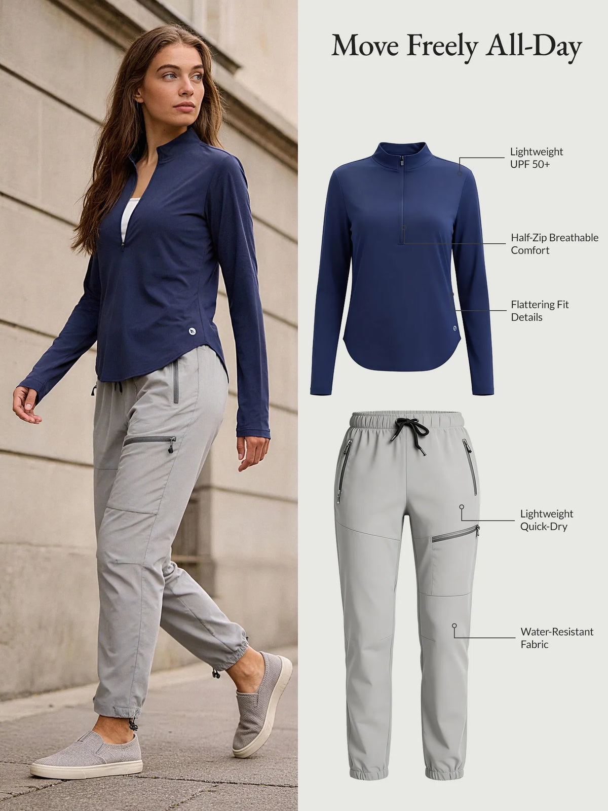 Move Freely All-Day set: Navy UPF 50+ tee & grey water-resistant hiking pants.