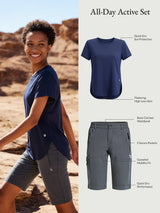 All-Day Active Set: Woman in UPF50+ quick-dry shirt & DWR shorts, mobility fit, 5 pockets.