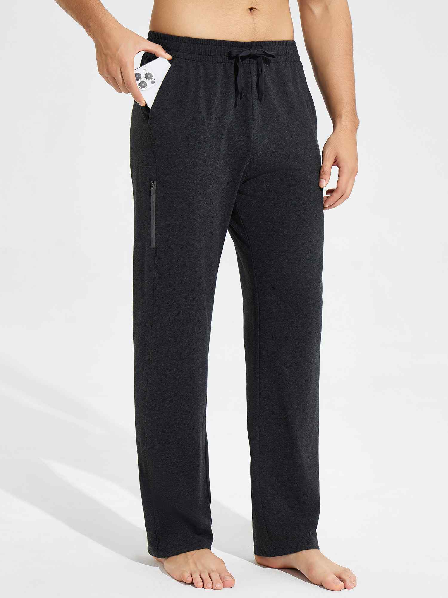 Men's dark gray cotton yoga cargo pants with zippered pocket, phone in pocket #color_Dark Gray