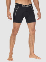 Men's black BALEAF cycling underwear with reflective piping and elastic waistband. #color_Brown