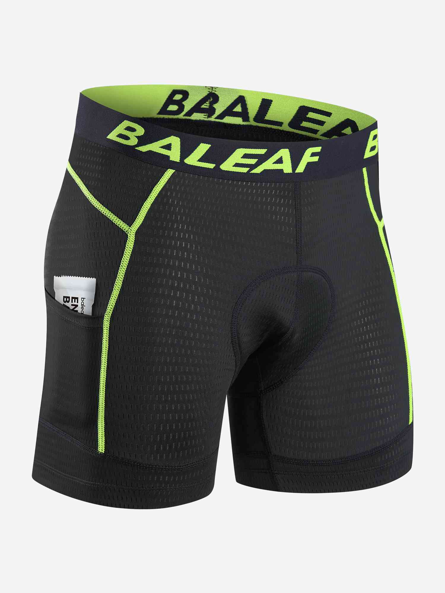 Men's black cycling underwear with neon green trim and BALEAF logo on waistband. #color_Fluorescent Green