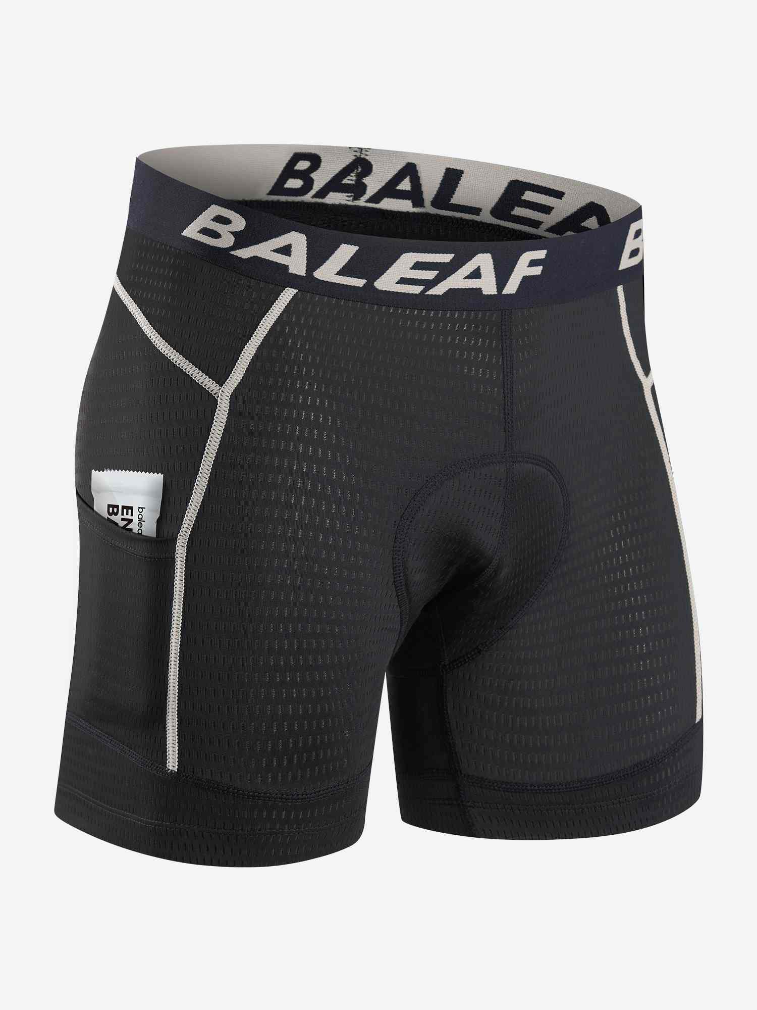 Men's black 4D cycling underwear with mesh fabric, side pocket, and 'BAALEAF' logo waistband. #color_Brown