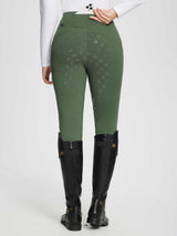 Women's olive green fleece breeches with patterned full-seat silicone grip #color_Army Green