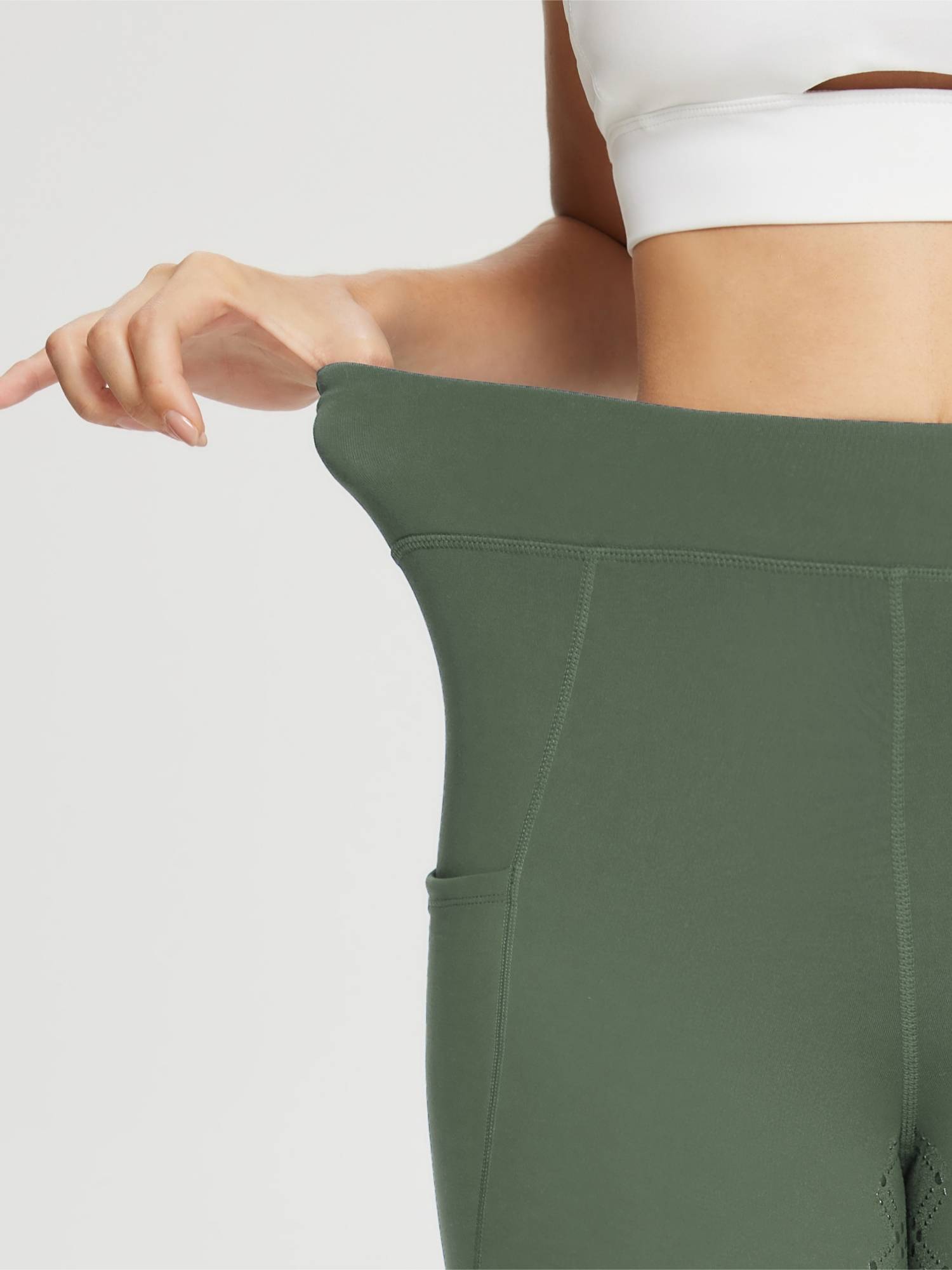 Women's green full-seat silicone riding breeches: waistband stretch and side pocket. #color_Army Green
