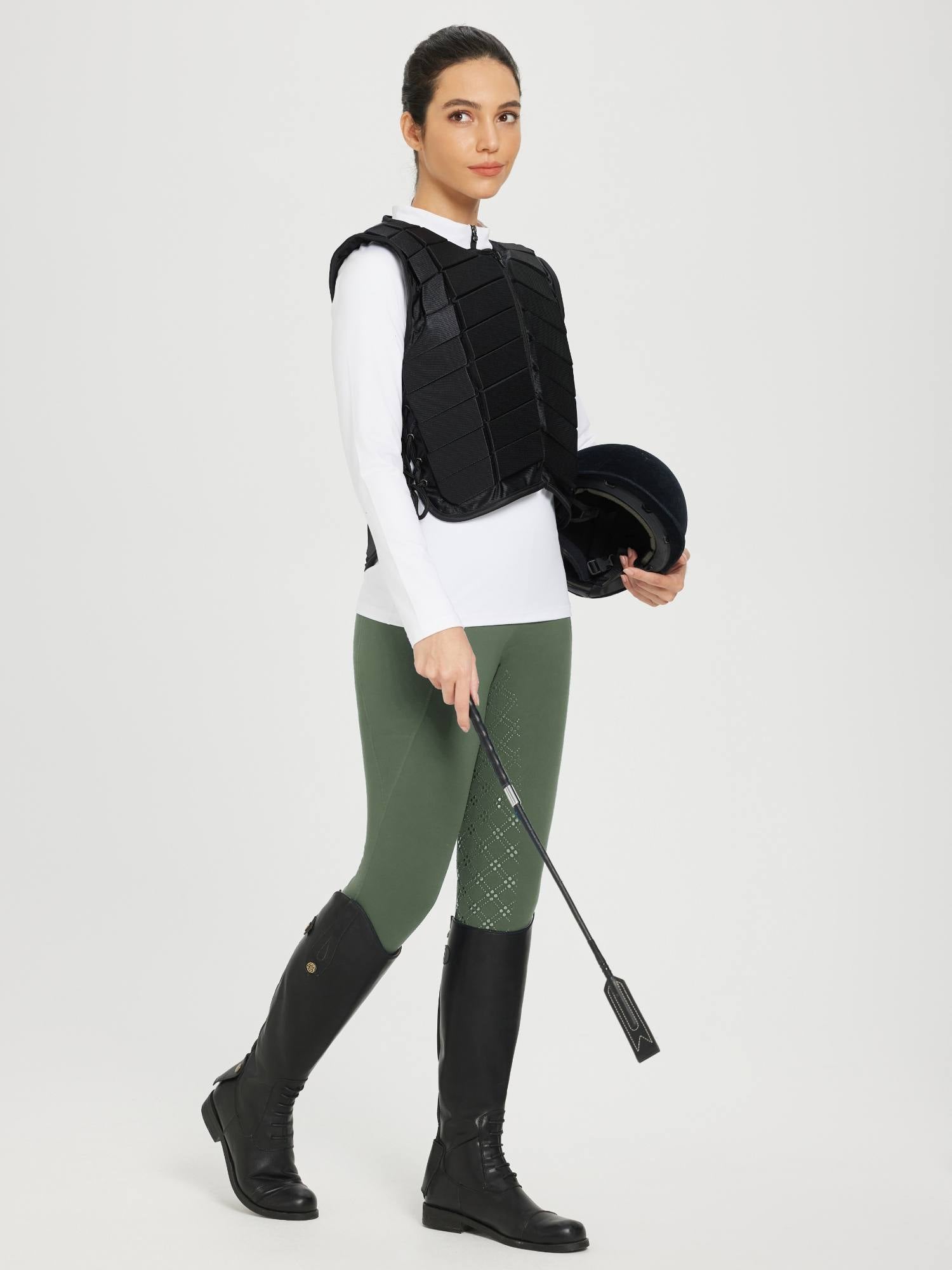 Women's green fleece silicone full-seat riding breeches with equestrian outfit. #color_Army Green
