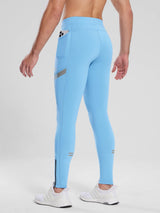 Men's light blue fleece-lined cycling tights with side phone pocket and reflective ankle stripes. #color_Blue