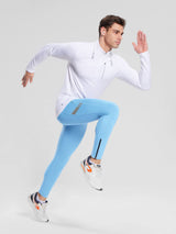 Men's blue fleece-lined cycling tights with reflective stripes and ankle zippers.