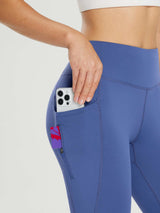 Blue fleece-lined women's cycling leggings with phone in side pocket & zippered pocket. #color_Navy Blue