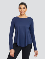 Loose navy blue crew neck long sleeve t-shirt for women with relaxed fit and flared hem.