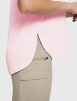 Side view of pink UPF50+ tee and beige DWR trail ready shorts with cargo pocket. #color_Pink