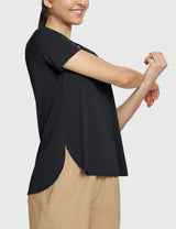 Black UPF 50+ short sleeve tee and beige shorts for casual trail adventures. #color_Black